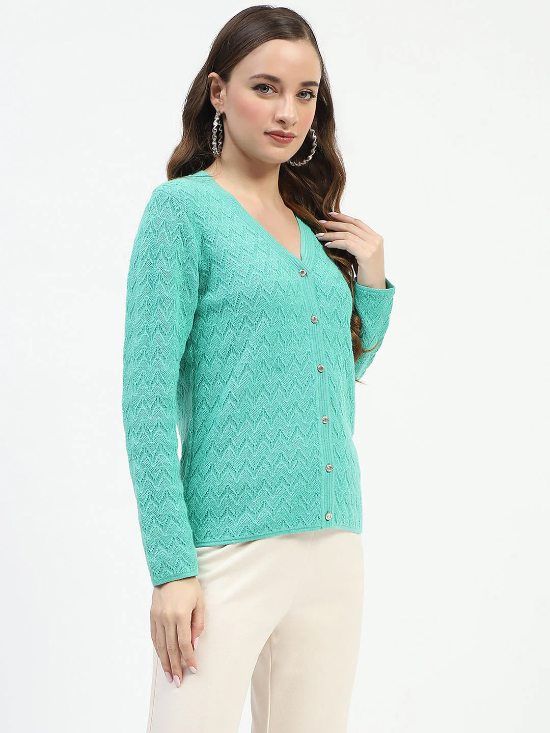 Madame Ribbed Knit Sea Green Button-Up Cardigan - Image 3