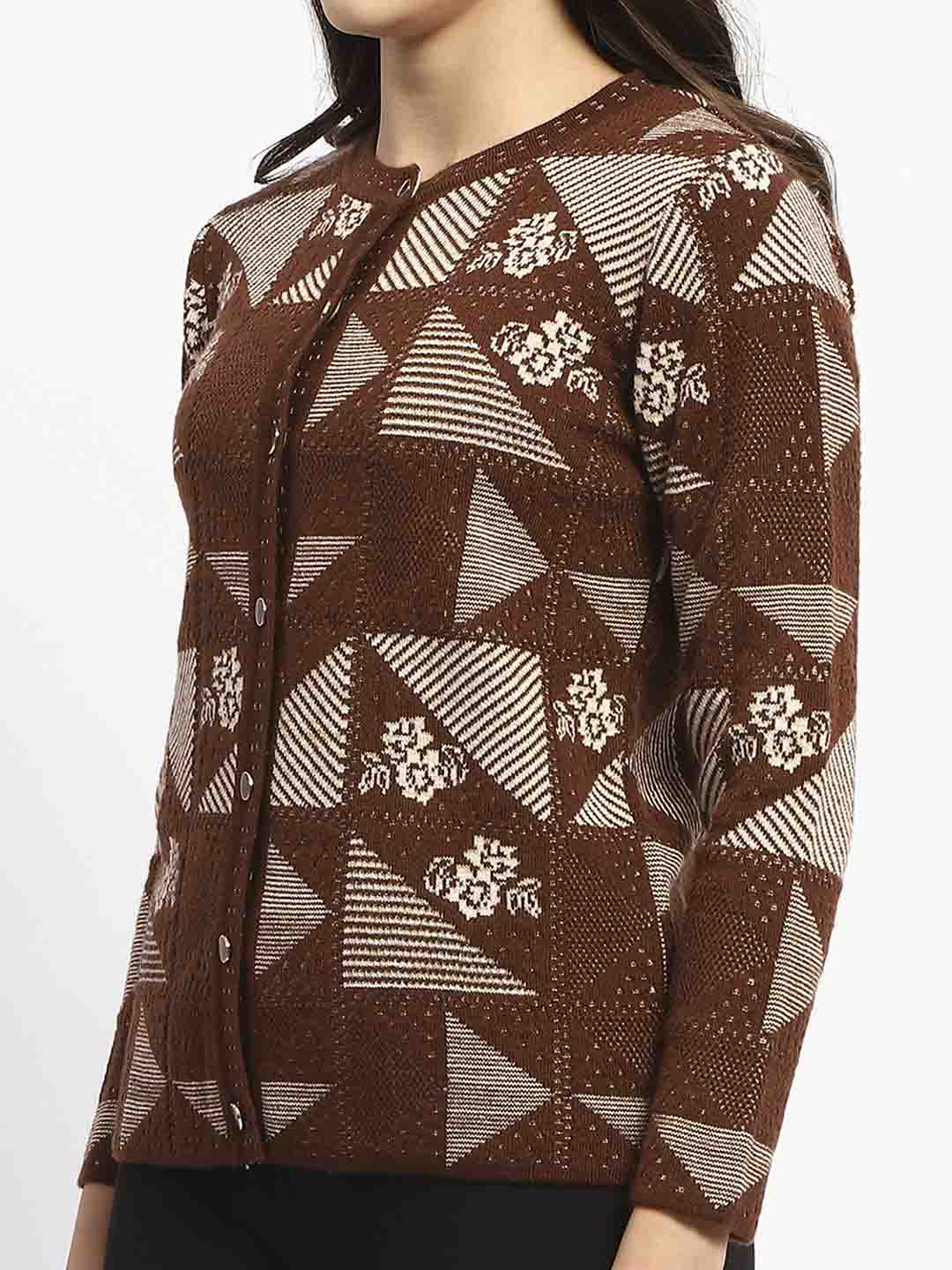 Madame Crew Neck Geometric Print Brown Cardigan - Image 6