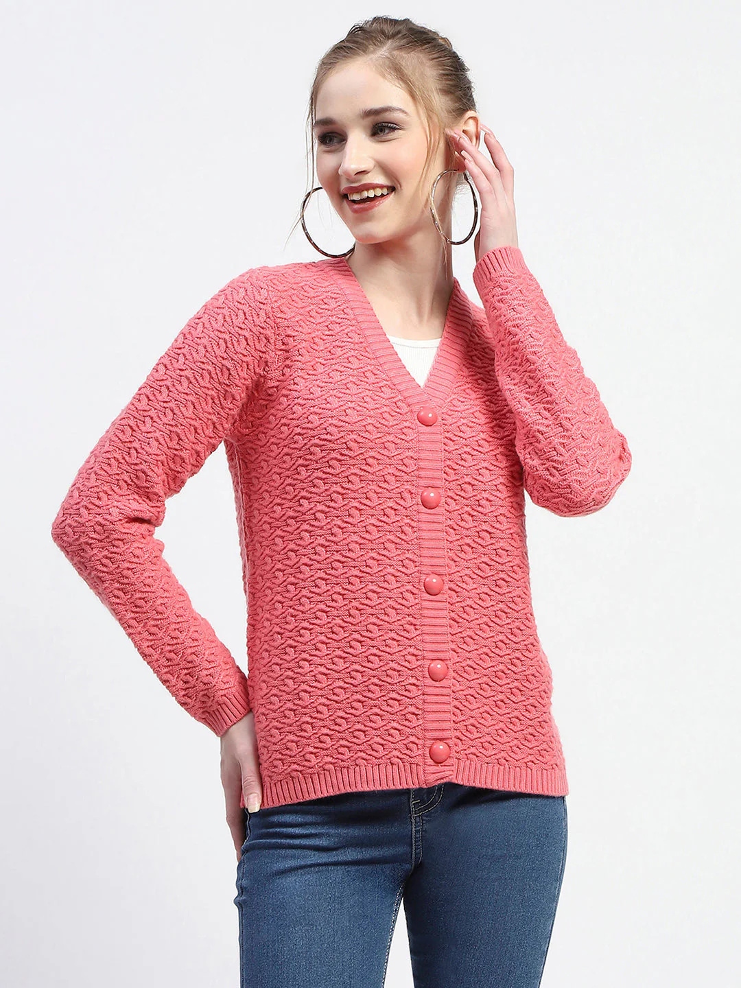Madame Hot Pink V-Neck Knit Cardigan - Image 2