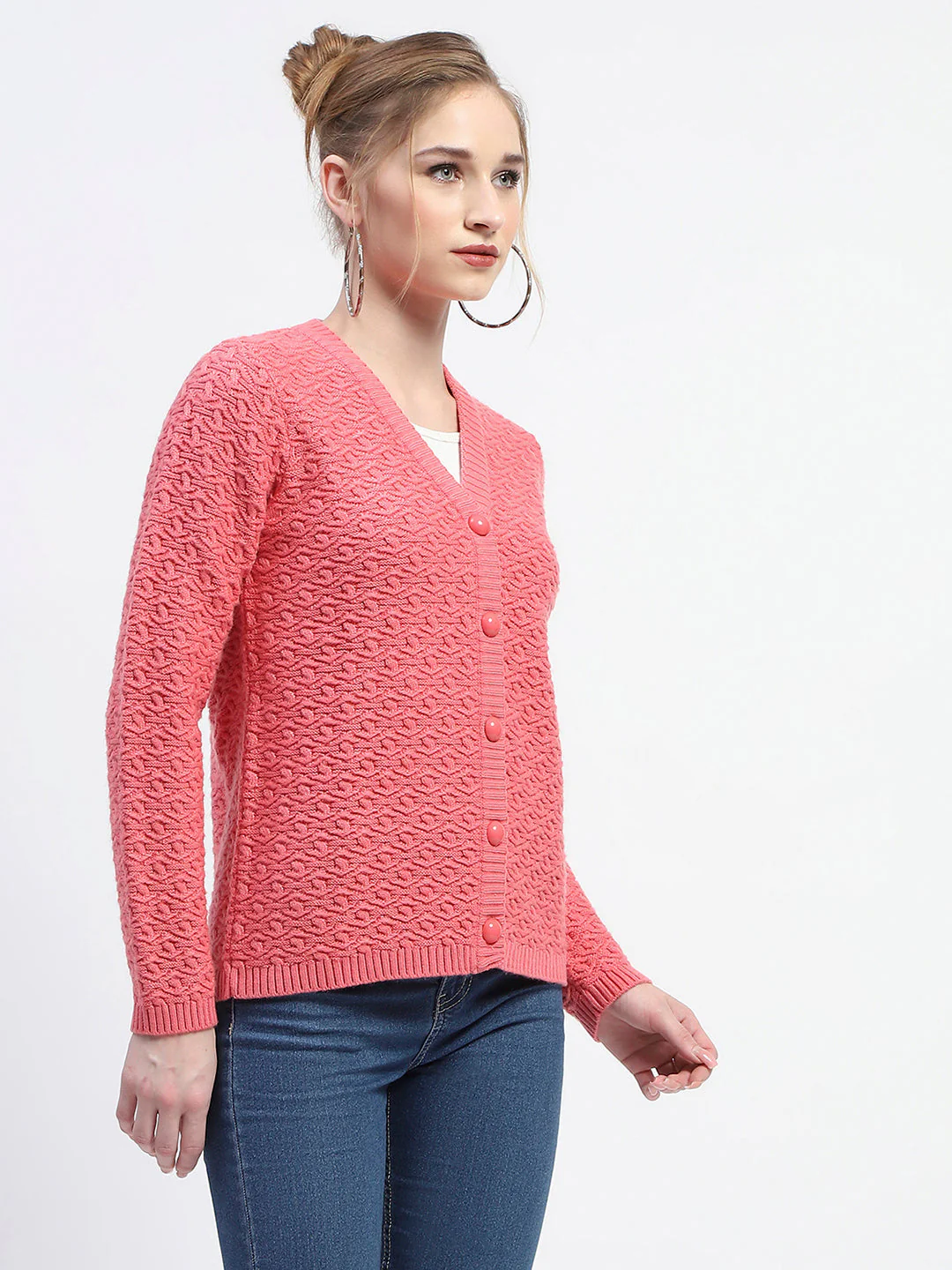 Madame Hot Pink V-Neck Knit Cardigan - Image 3