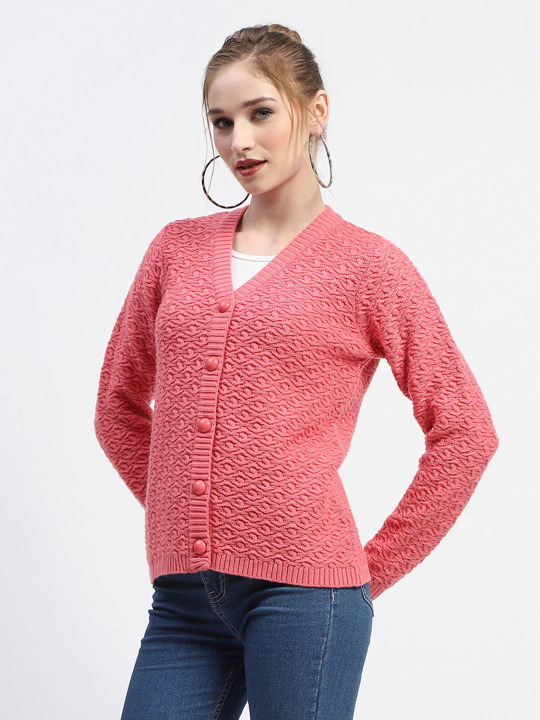 Madame Hot Pink V-Neck Knit Cardigan - Image 4