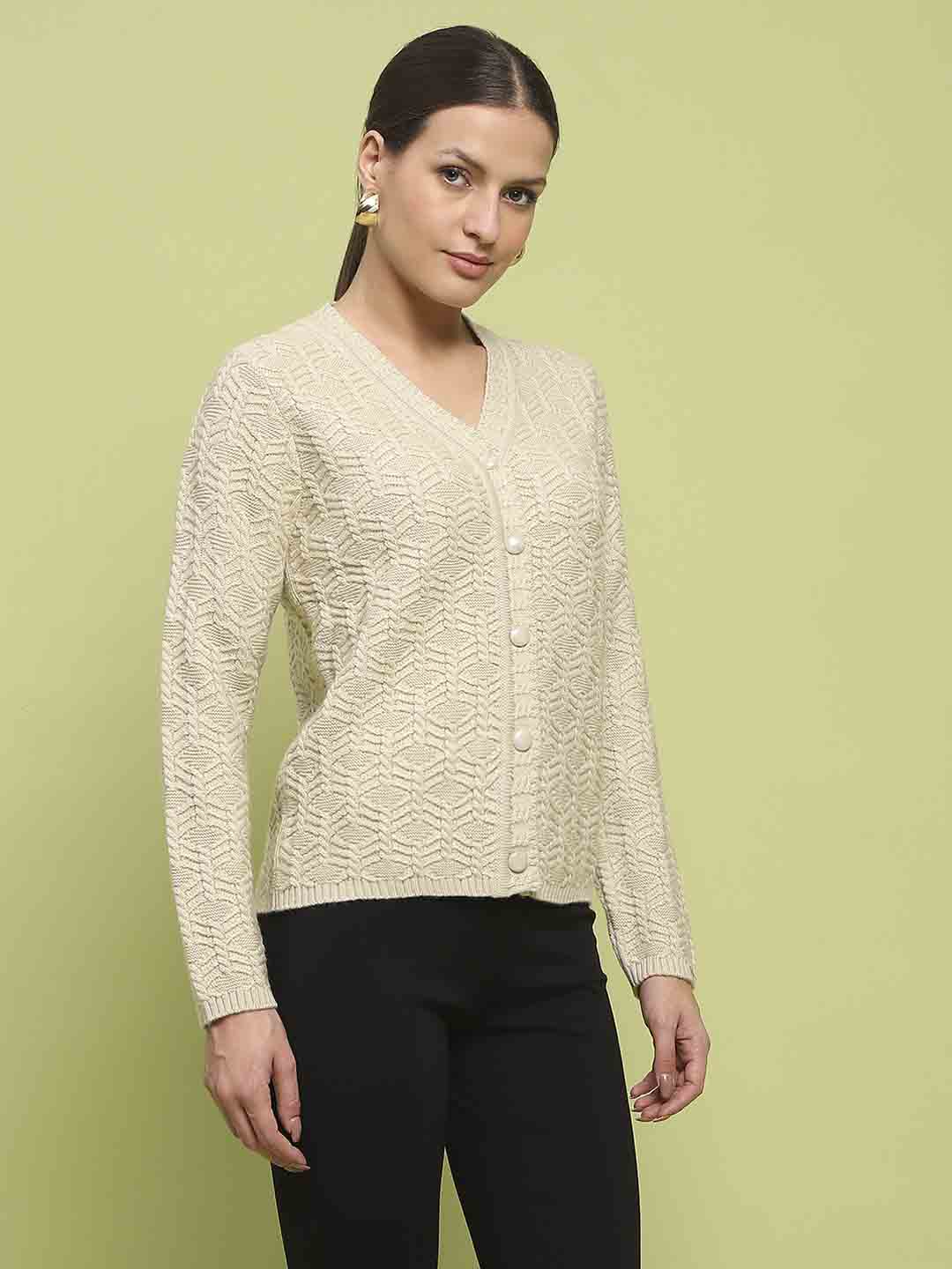 Madame Cable Knit V Neck Beige Cardigan - Image 4
