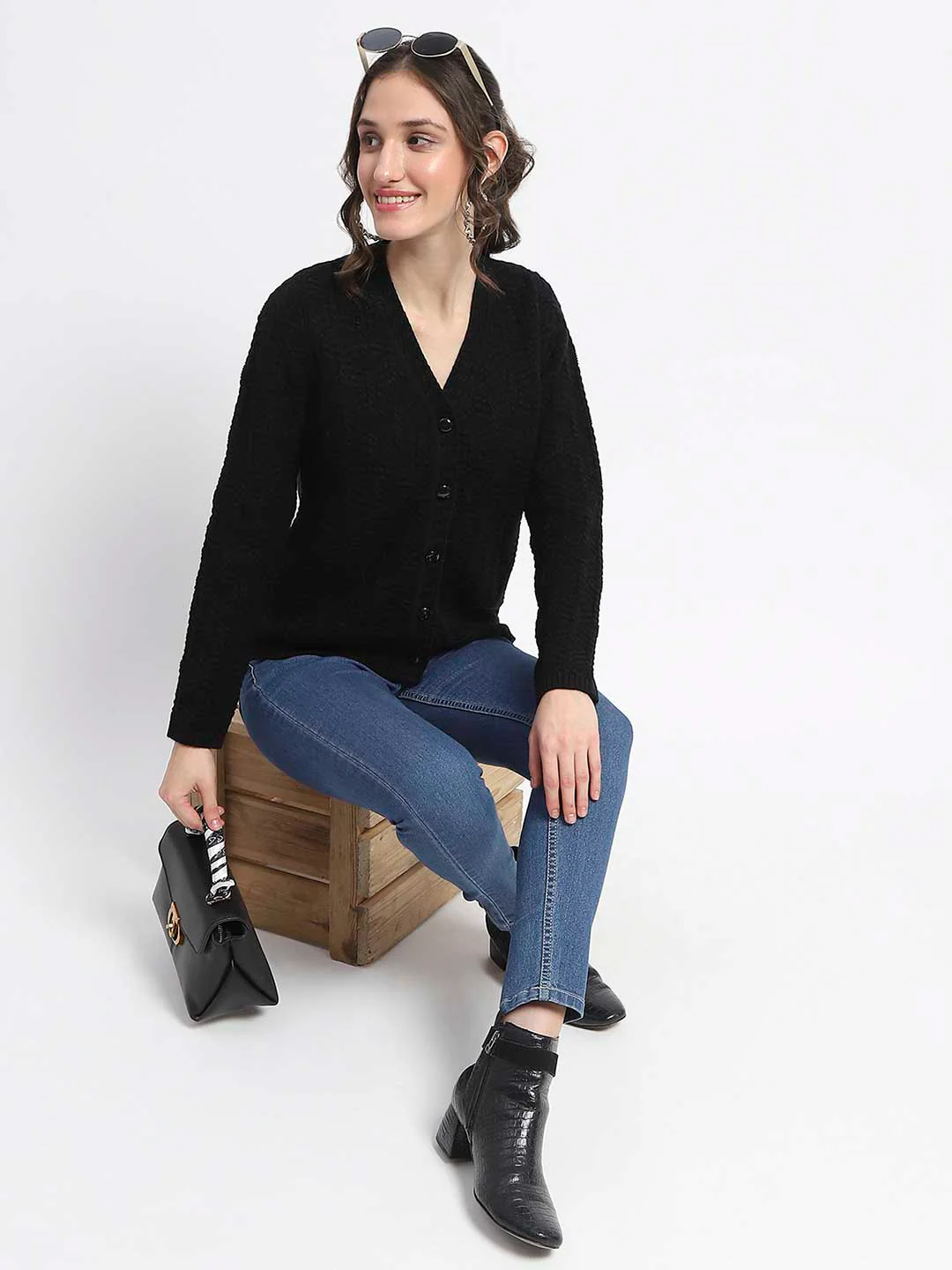 Madame Cable Knit V Neck Black Acrylic Blend Cardigan - Image 2