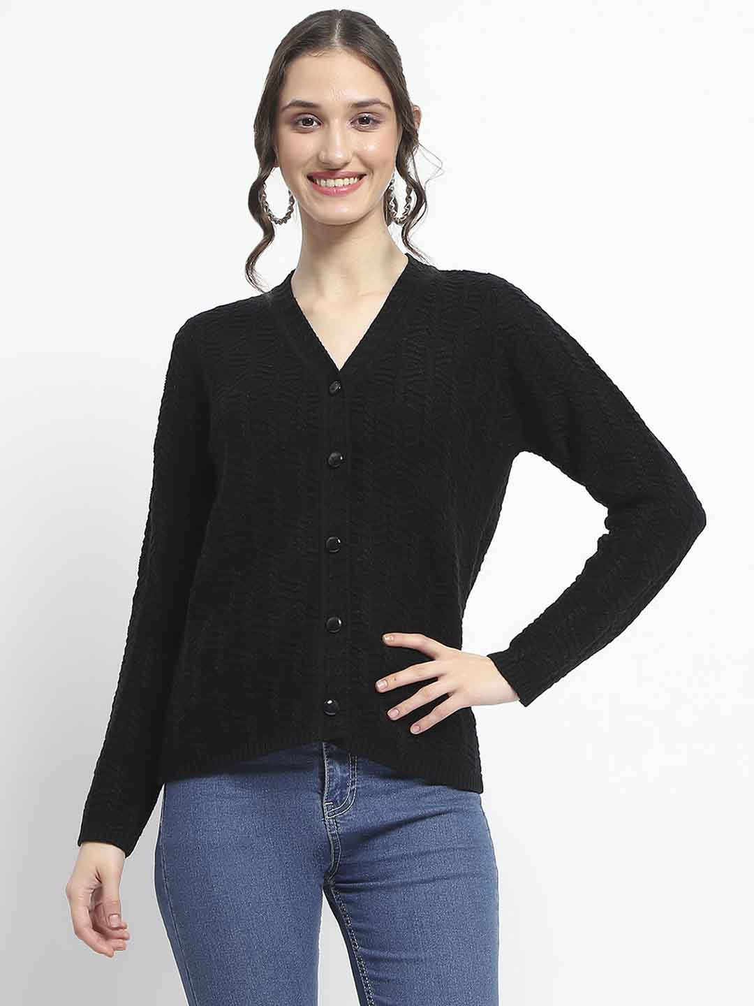 Madame Cable Knit V Neck Black Acrylic Blend Cardigan - Image 3