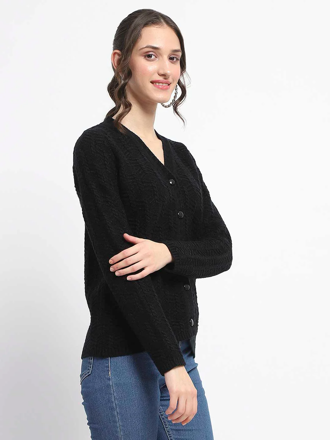 Madame Cable Knit V Neck Black Acrylic Blend Cardigan - Image 4