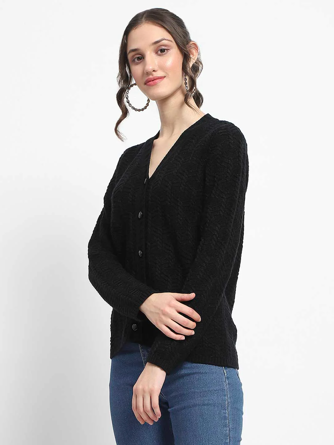 Madame Cable Knit V Neck Black Acrylic Blend Cardigan - Image 5