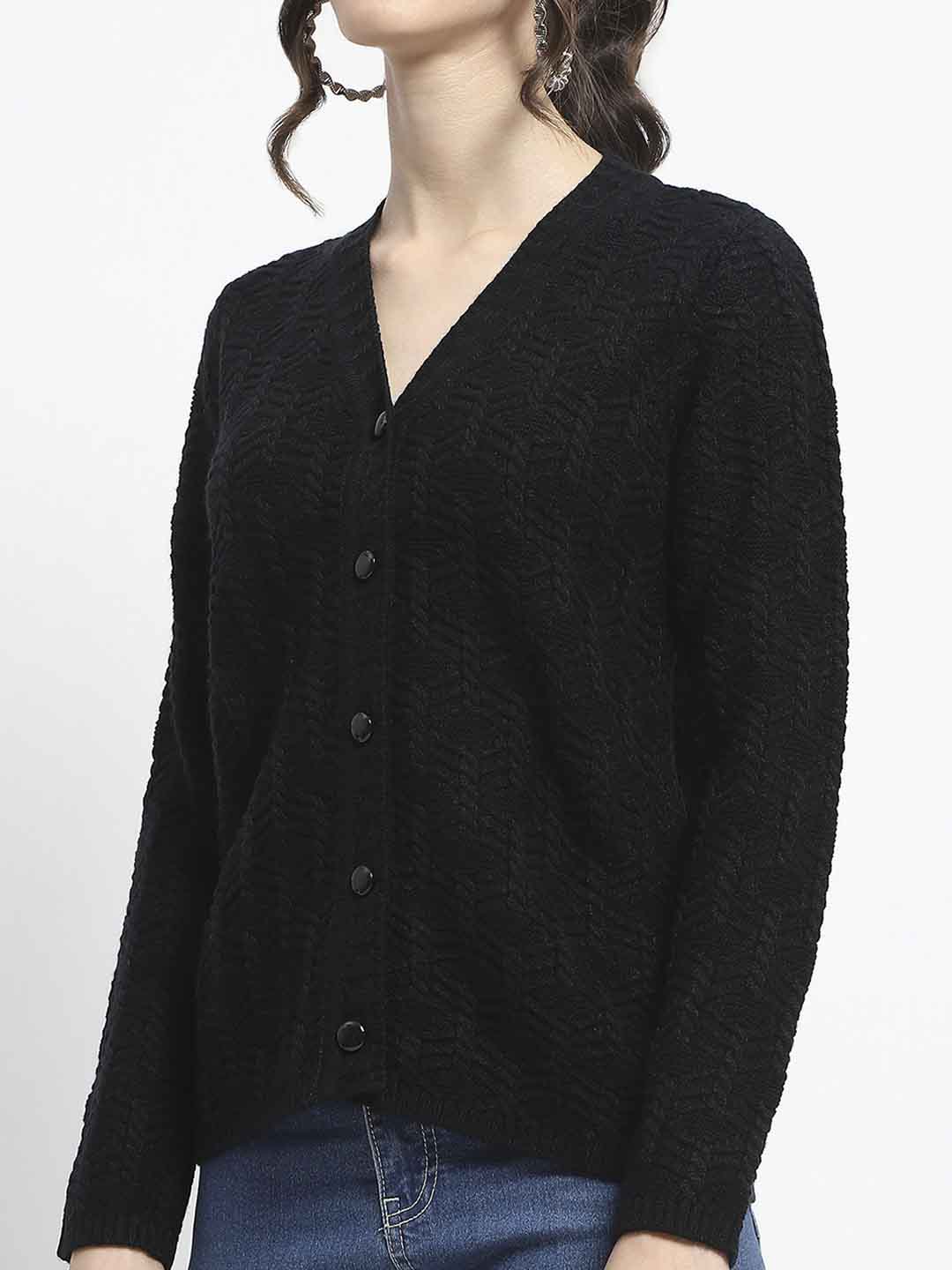 Madame Cable Knit V Neck Black Acrylic Blend Cardigan - Image 7