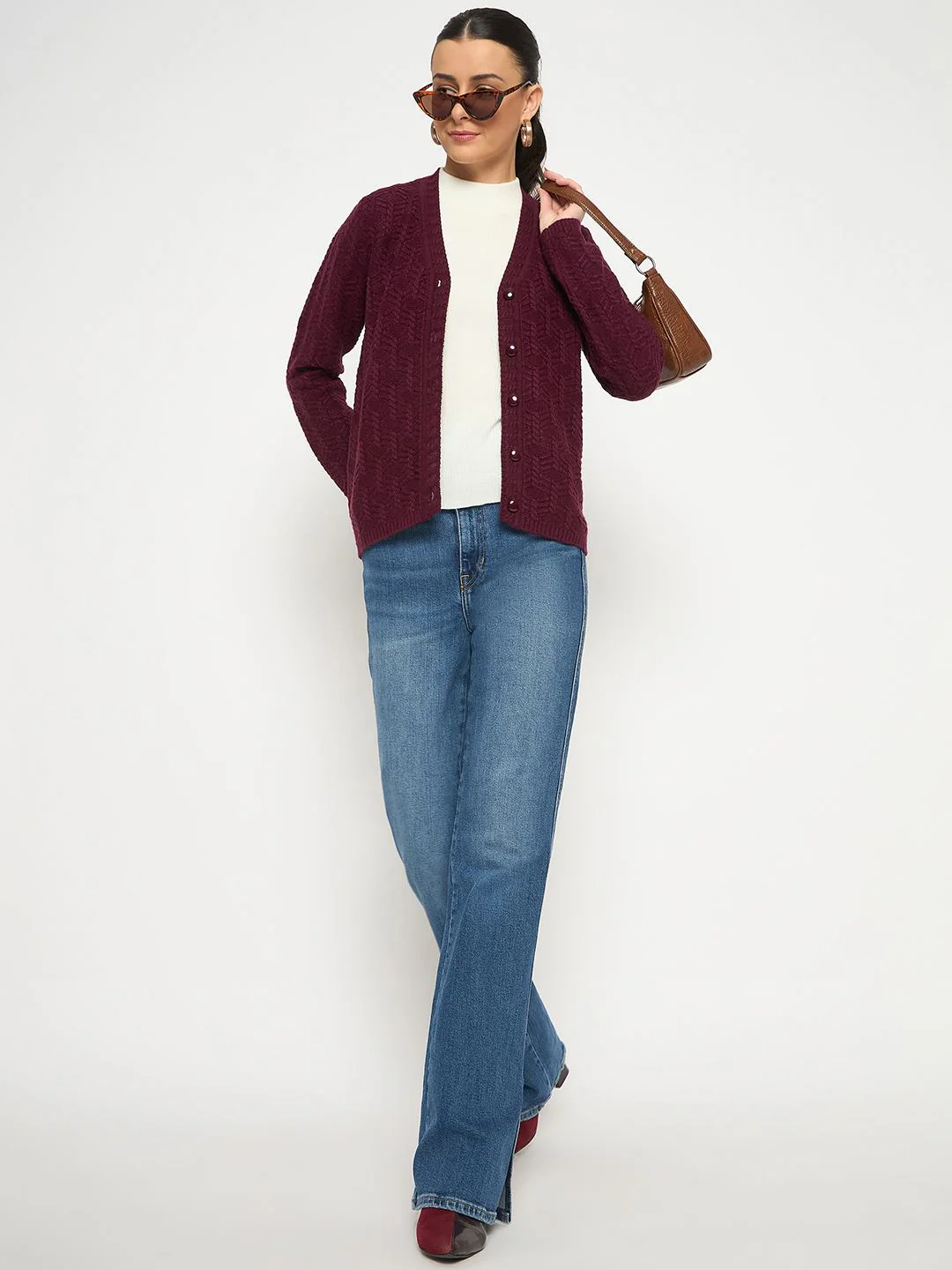 Madame Cable Knit V Neck Wine Cardigan - Image 2