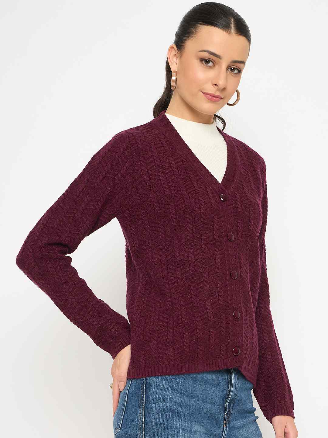 Madame Cable Knit V Neck Wine Cardigan - Image 4