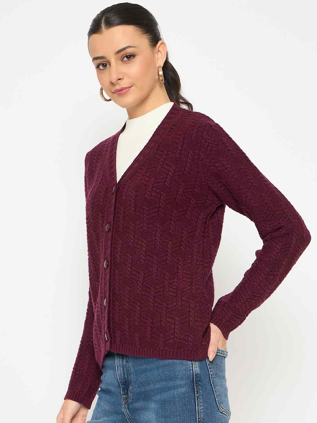 Madame Cable Knit V Neck Wine Cardigan - Image 5