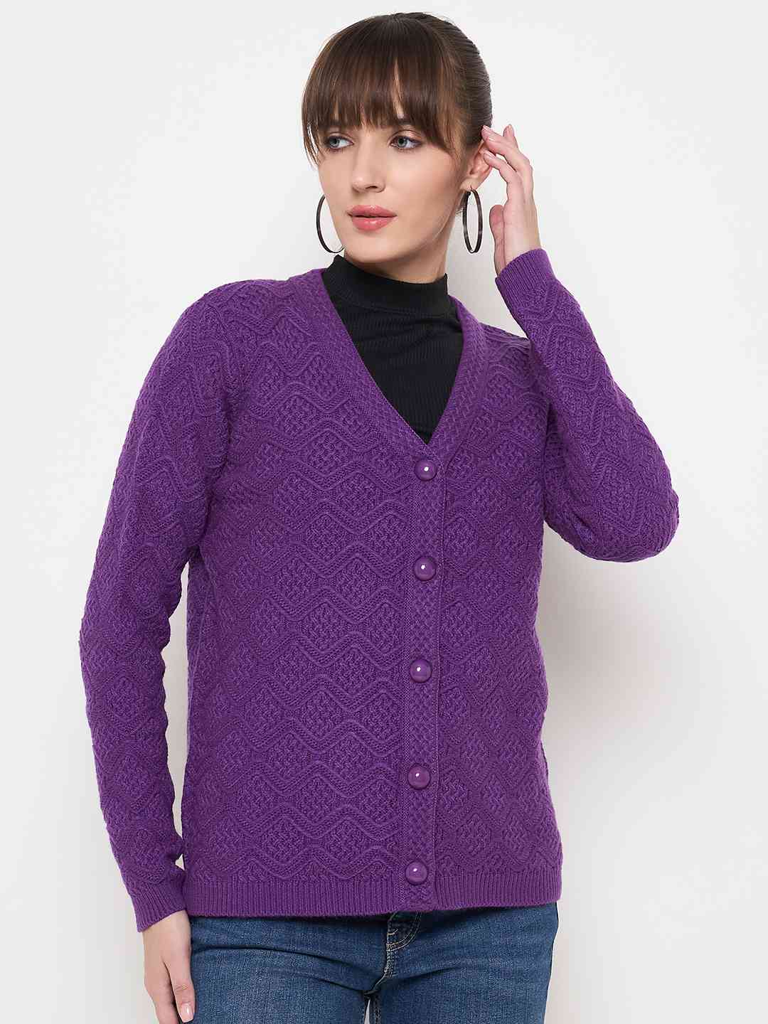 Madame Cable Knit Glossy Buttoned Purple Acrylic Cardigan - Image 3