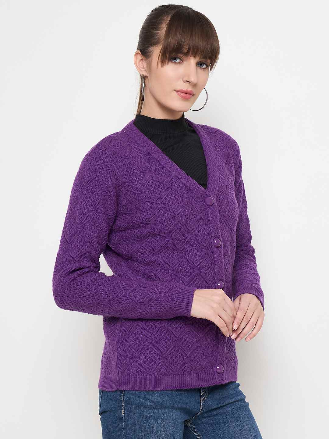 Madame Cable Knit Glossy Buttoned Purple Acrylic Cardigan - Image 4