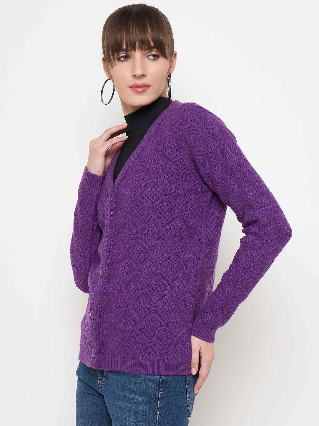 Madame Cable Knit Glossy Buttoned Purple Acrylic Cardigan - Image 5