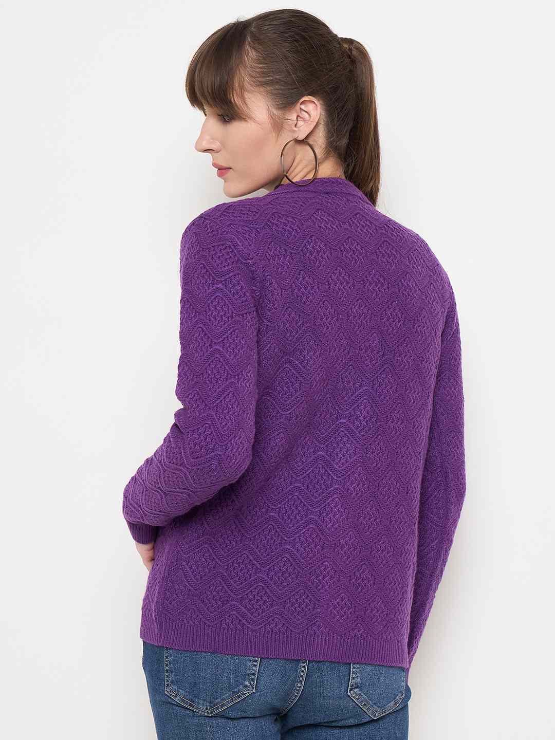Madame Cable Knit Glossy Buttoned Purple Acrylic Cardigan - Image 6