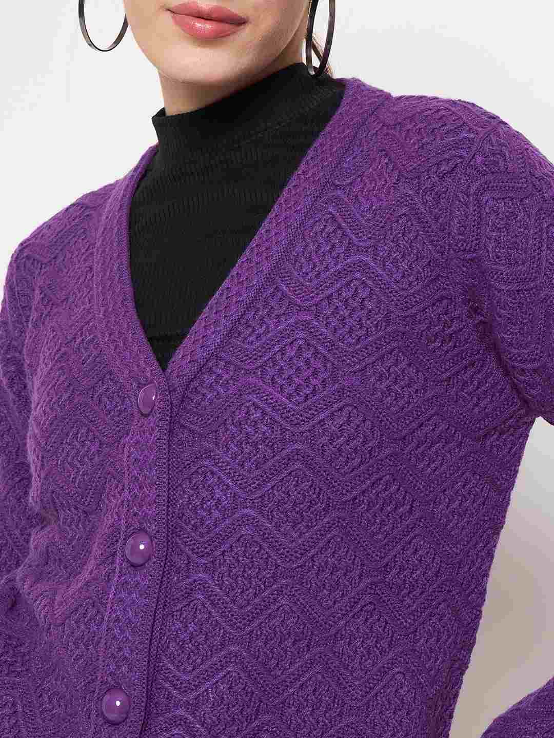 Madame Cable Knit Glossy Buttoned Purple Acrylic Cardigan - Image 7