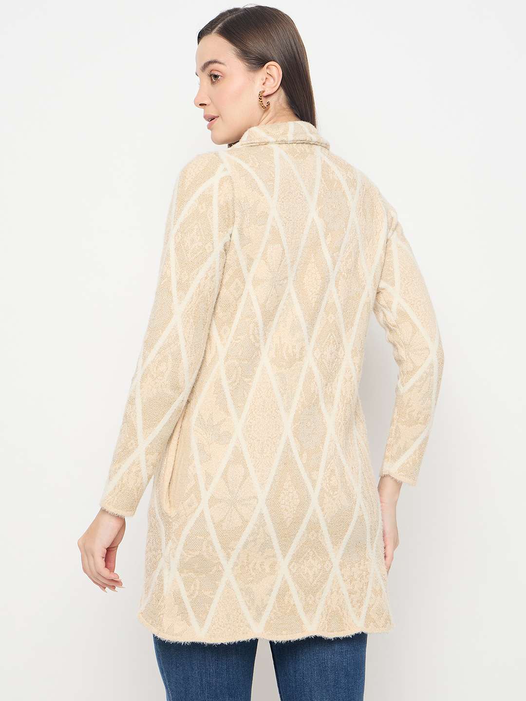 Madame Geometric Print Long Beige Cardigan - Image 6