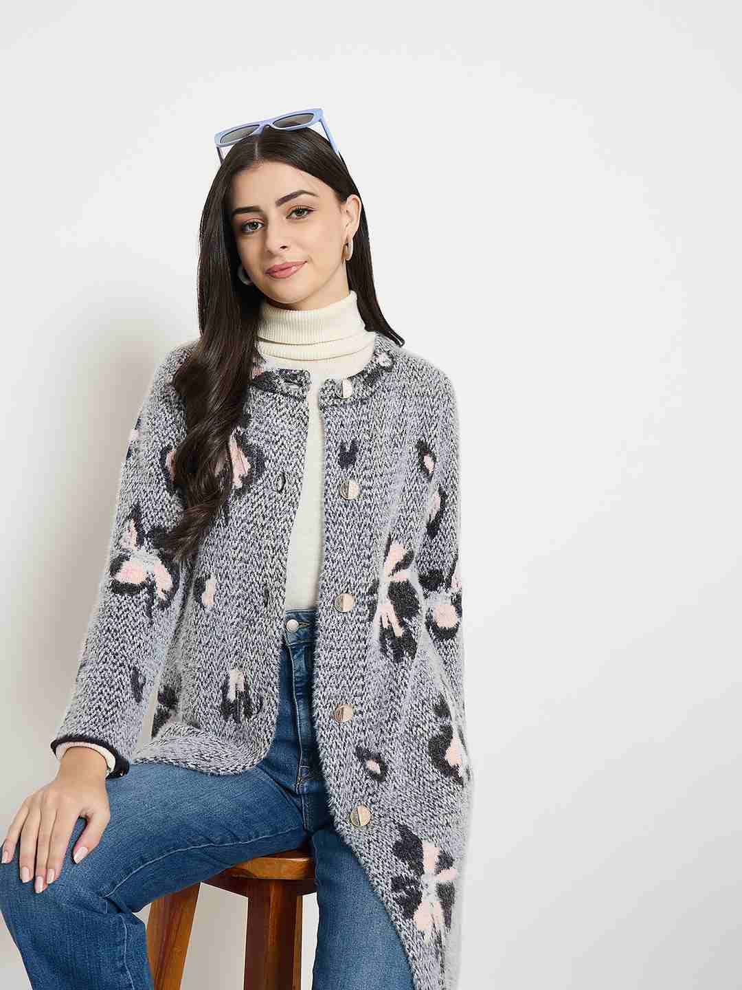 Madame Floral Print Button-Front Black Cardigan