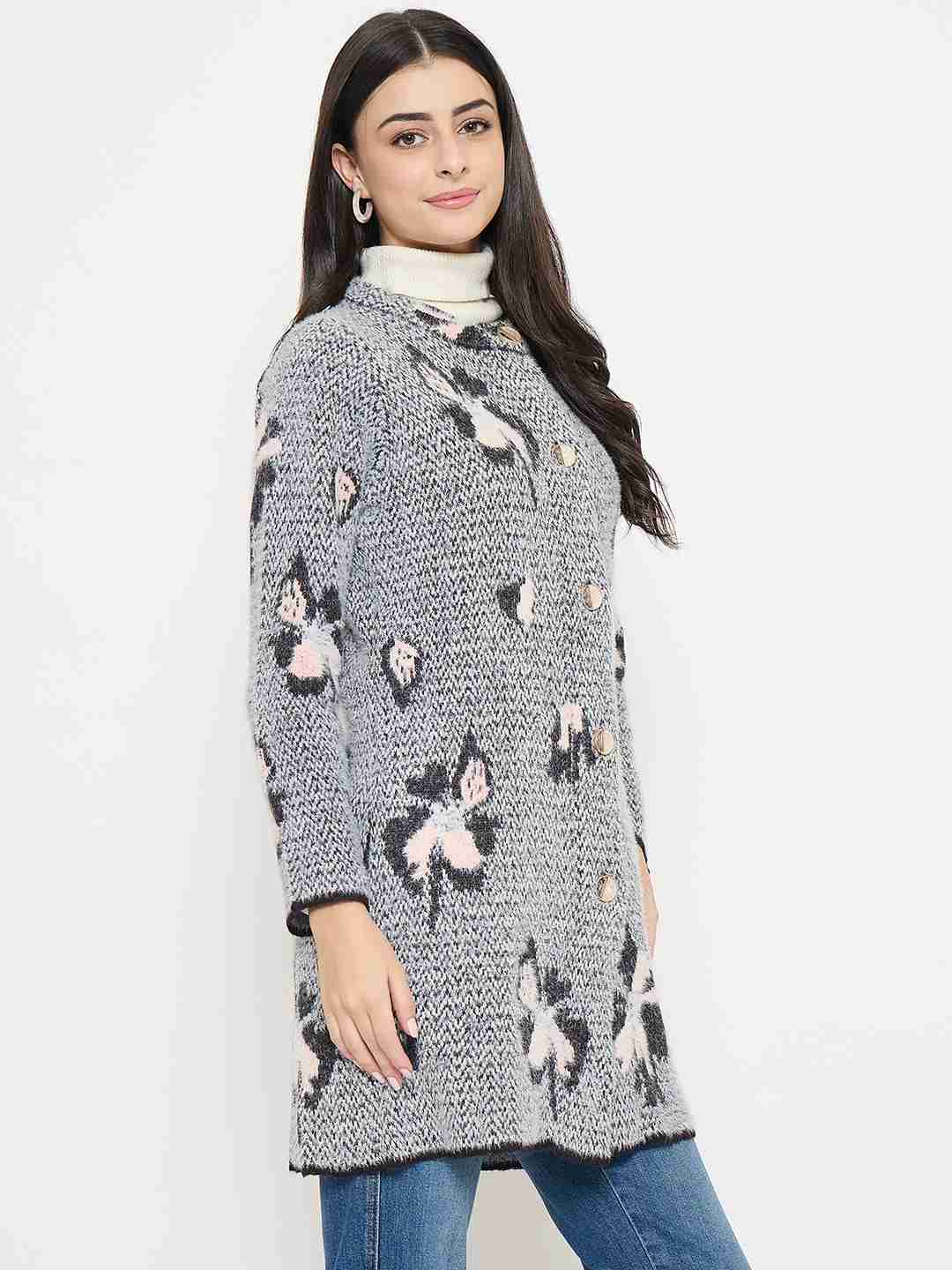 Madame Floral Print Button-Front Black Cardigan - Image 4