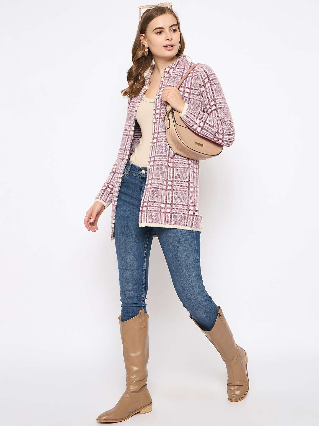 Madame Plaid Pattern Buttoned Wine Red Cardigan - Image 2