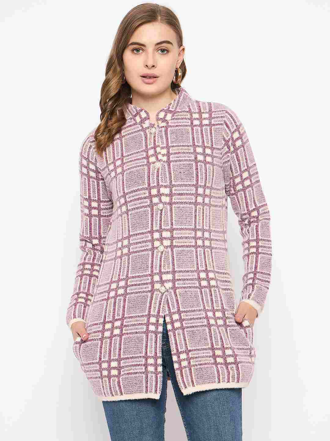 Madame Plaid Pattern Buttoned Wine Red Cardigan - Image 3