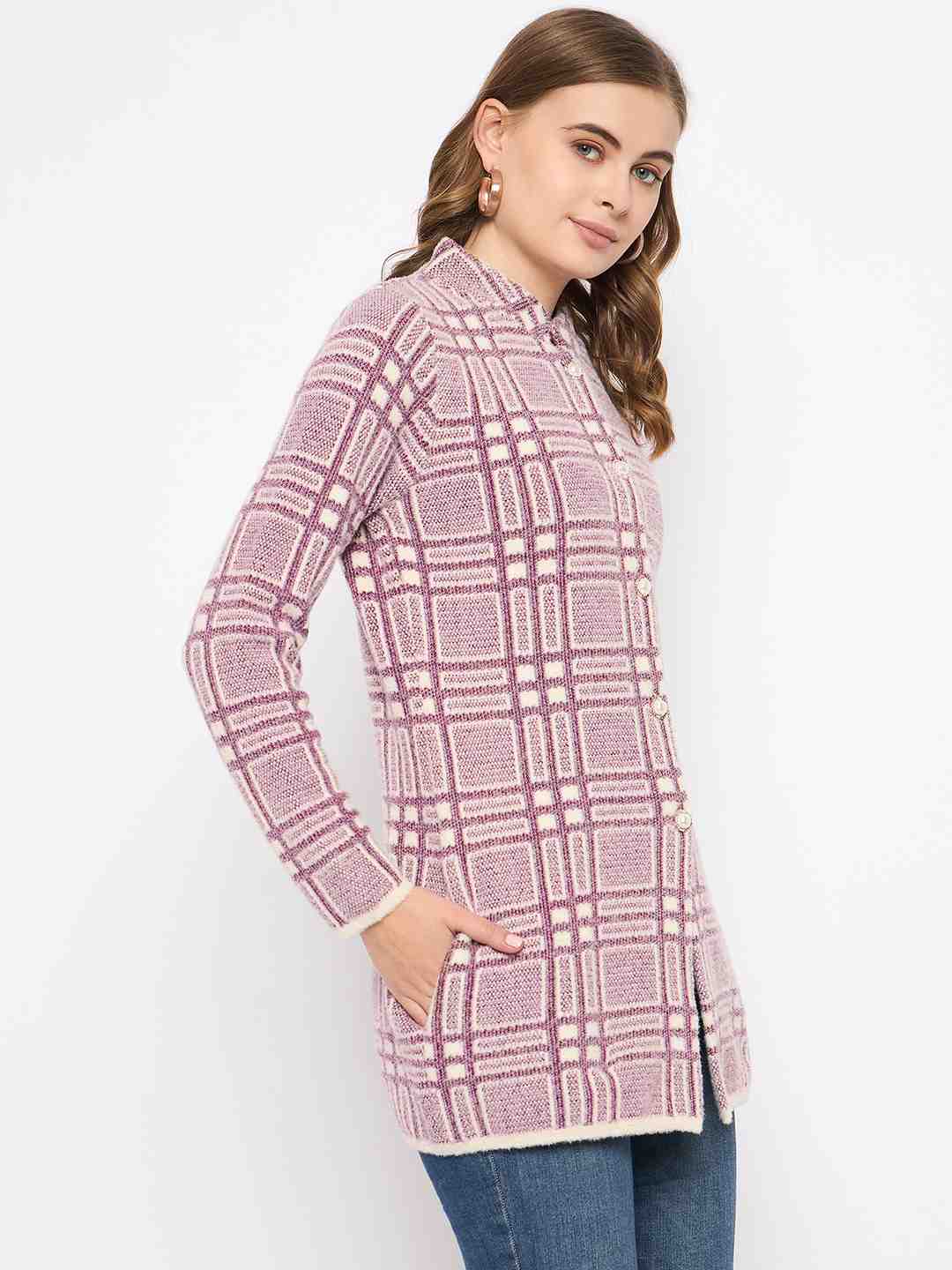 Madame Plaid Pattern Buttoned Wine Red Cardigan - Image 4