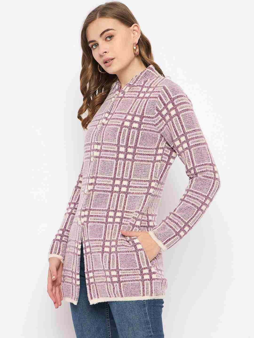 Madame Plaid Pattern Buttoned Wine Red Cardigan - Image 5