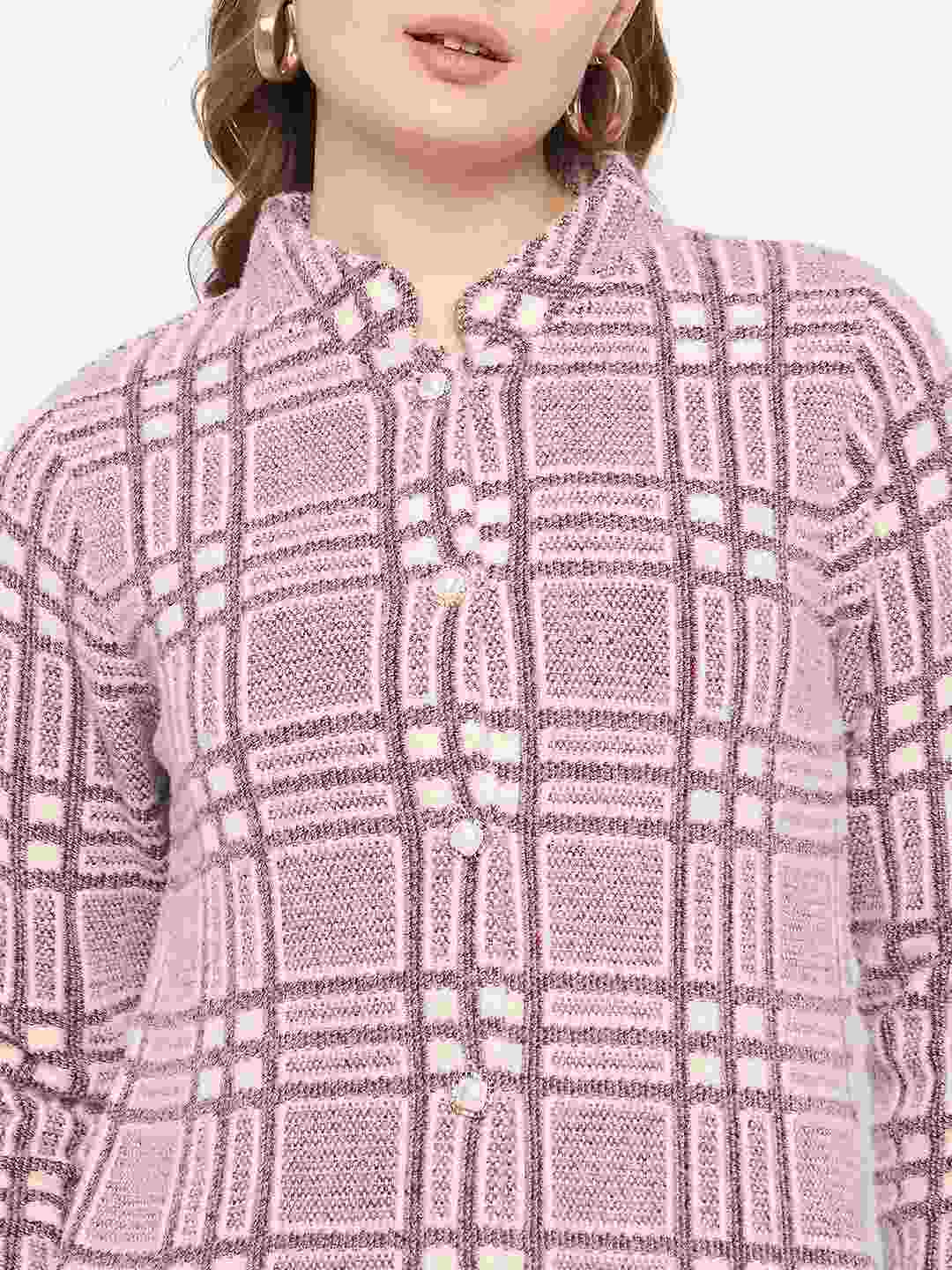 Madame Plaid Pattern Buttoned Wine Red Cardigan - Image 7