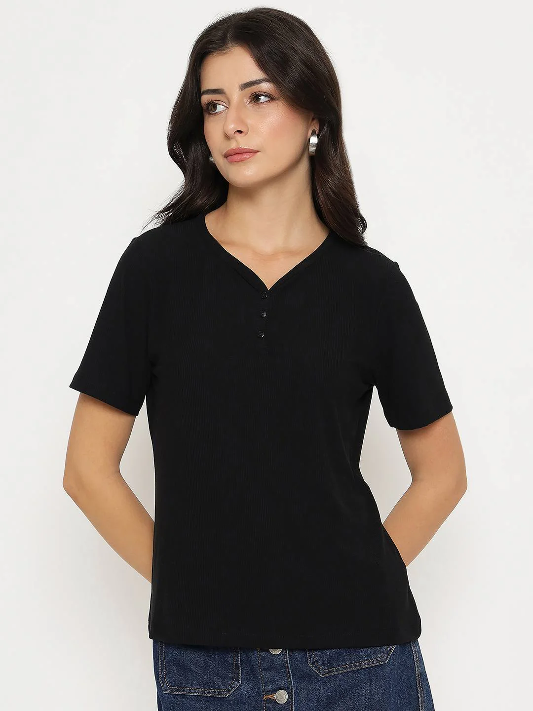 Madame Henley Neck Solid Black T-Shirt - Image 3