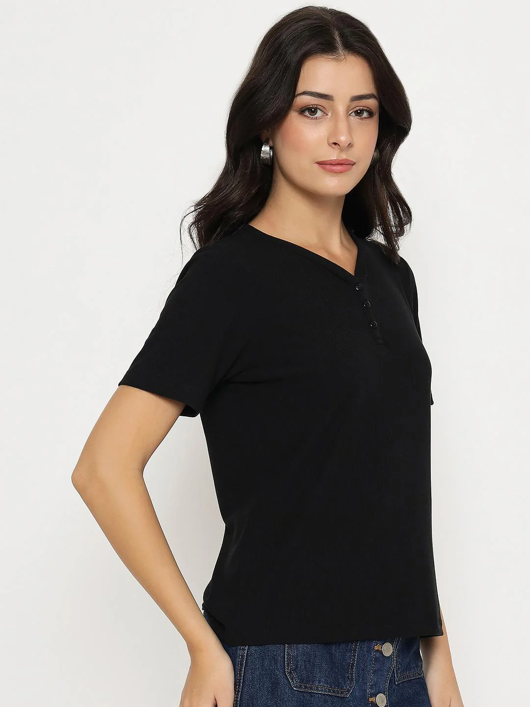 Madame Henley Neck Solid Black T-Shirt - Image 4