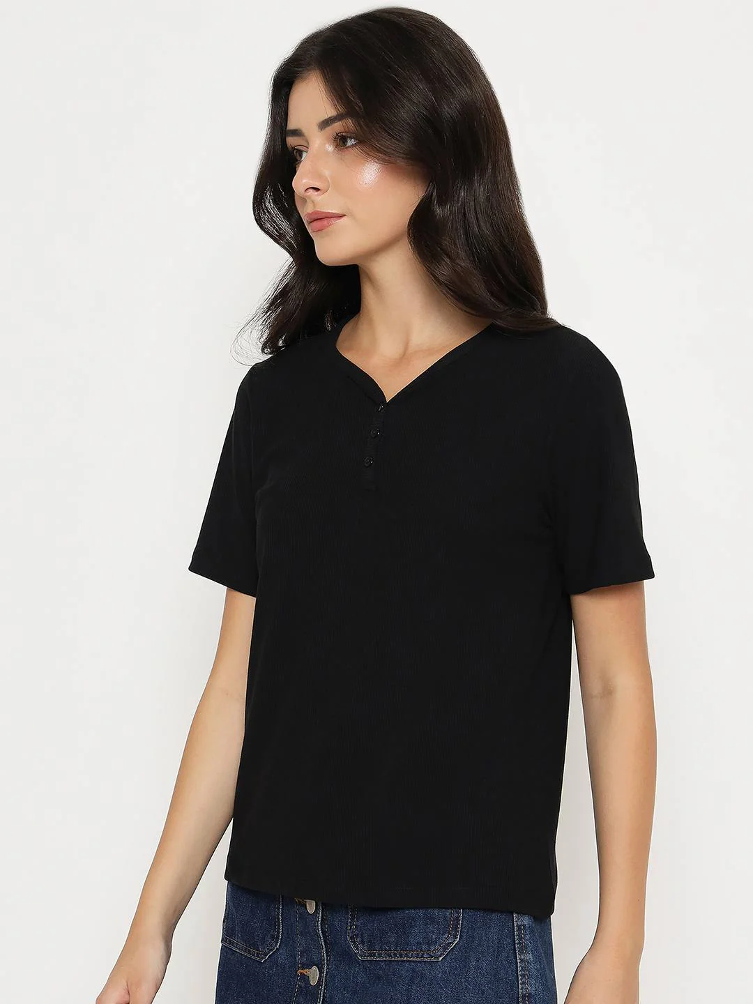 Madame Henley Neck Solid Black T-Shirt - Image 5