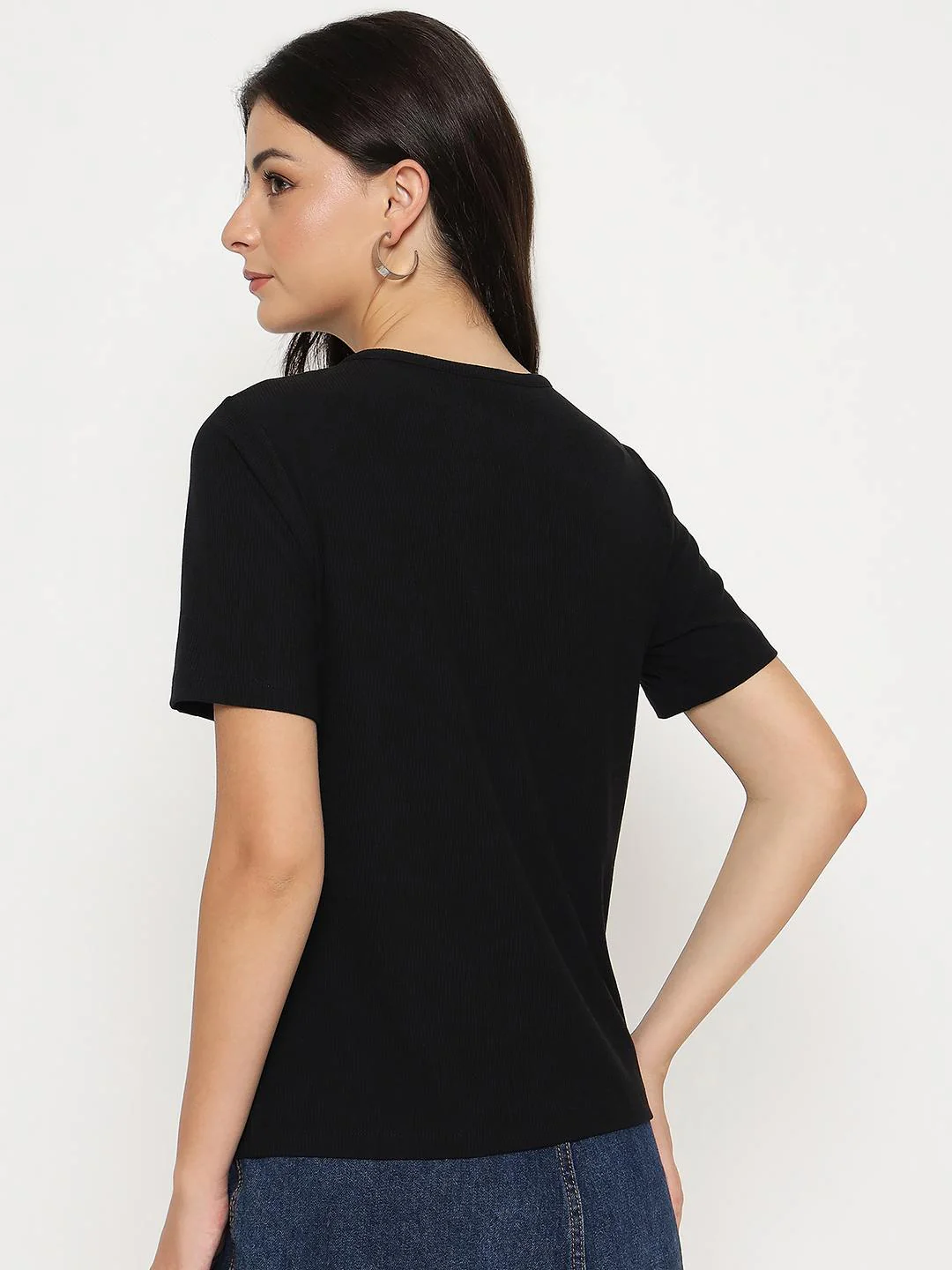 Madame Henley Neck Solid Black T-Shirt - Image 6