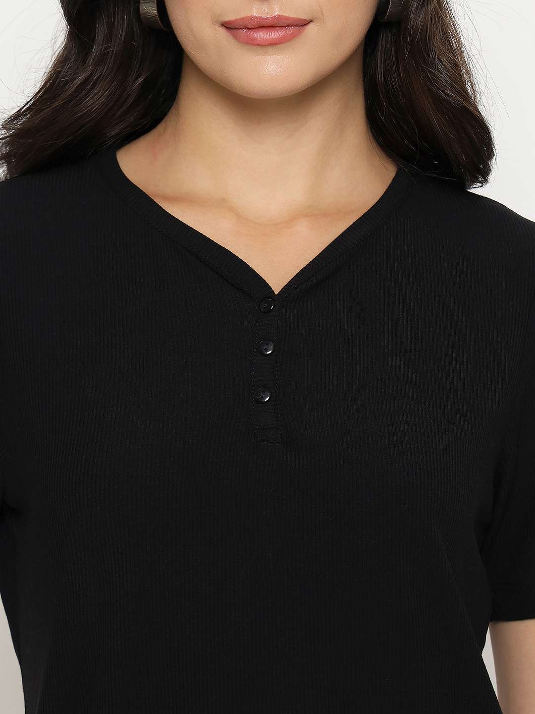 Madame Henley Neck Solid Black T-Shirt - Image 7