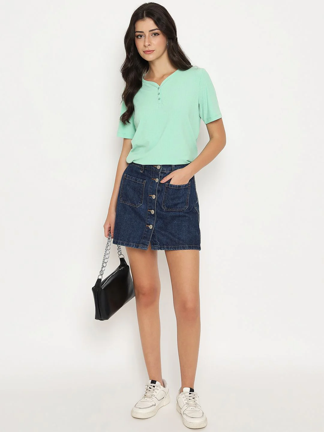 Madame Henley Neck Solid Green T-Shirt - Image 2