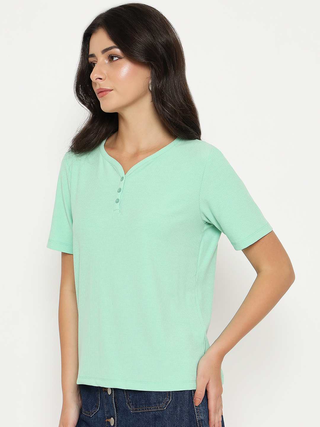 Madame Henley Neck Solid Green T-Shirt - Image 5