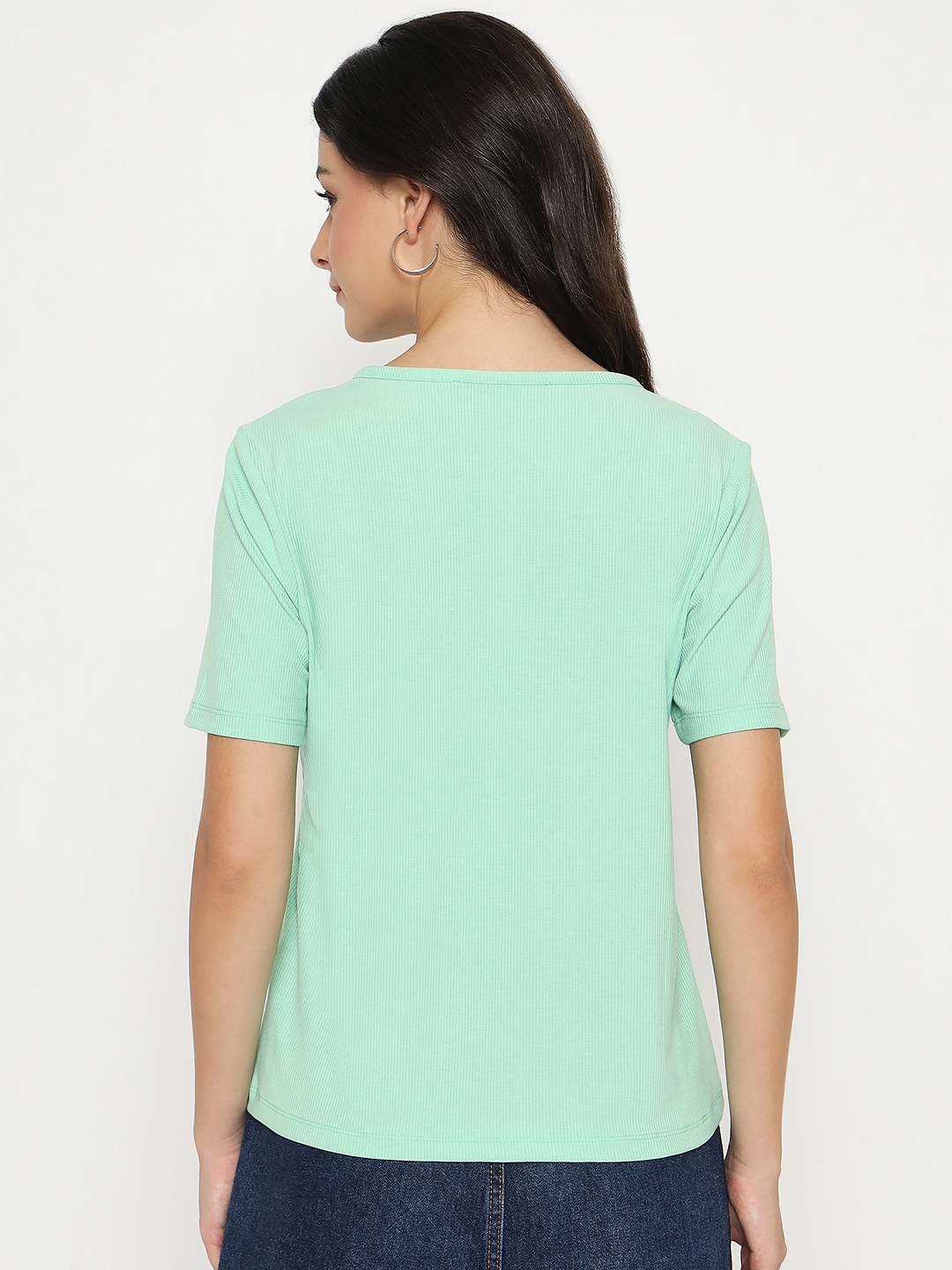 Madame Henley Neck Solid Green T-Shirt - Image 6