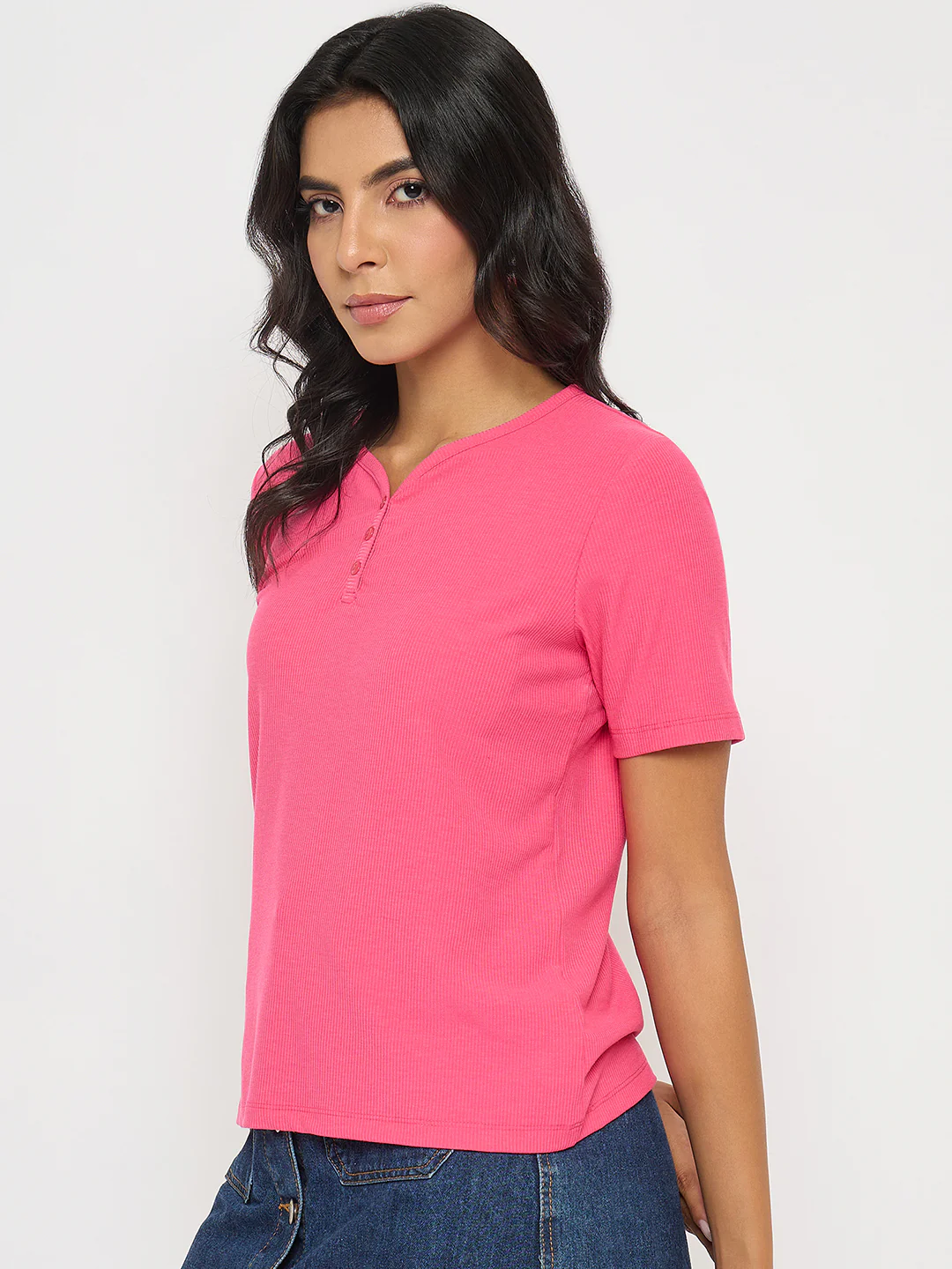 Madame Henley Neck Solid Hot Pink T-Shirt - Image 5