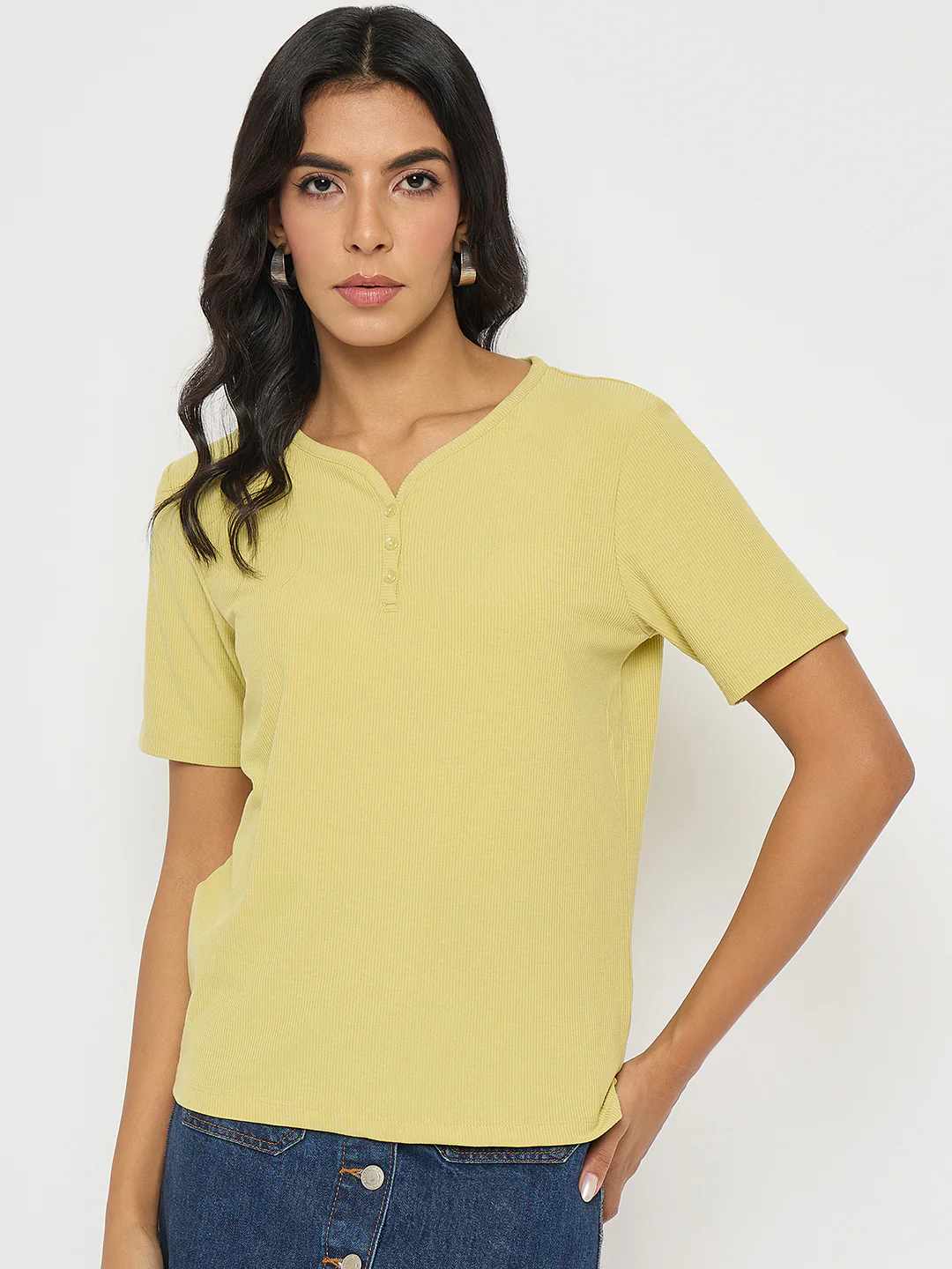 Madame Henley Neck Solid Mustard Yellow T-Shirt - Image 3