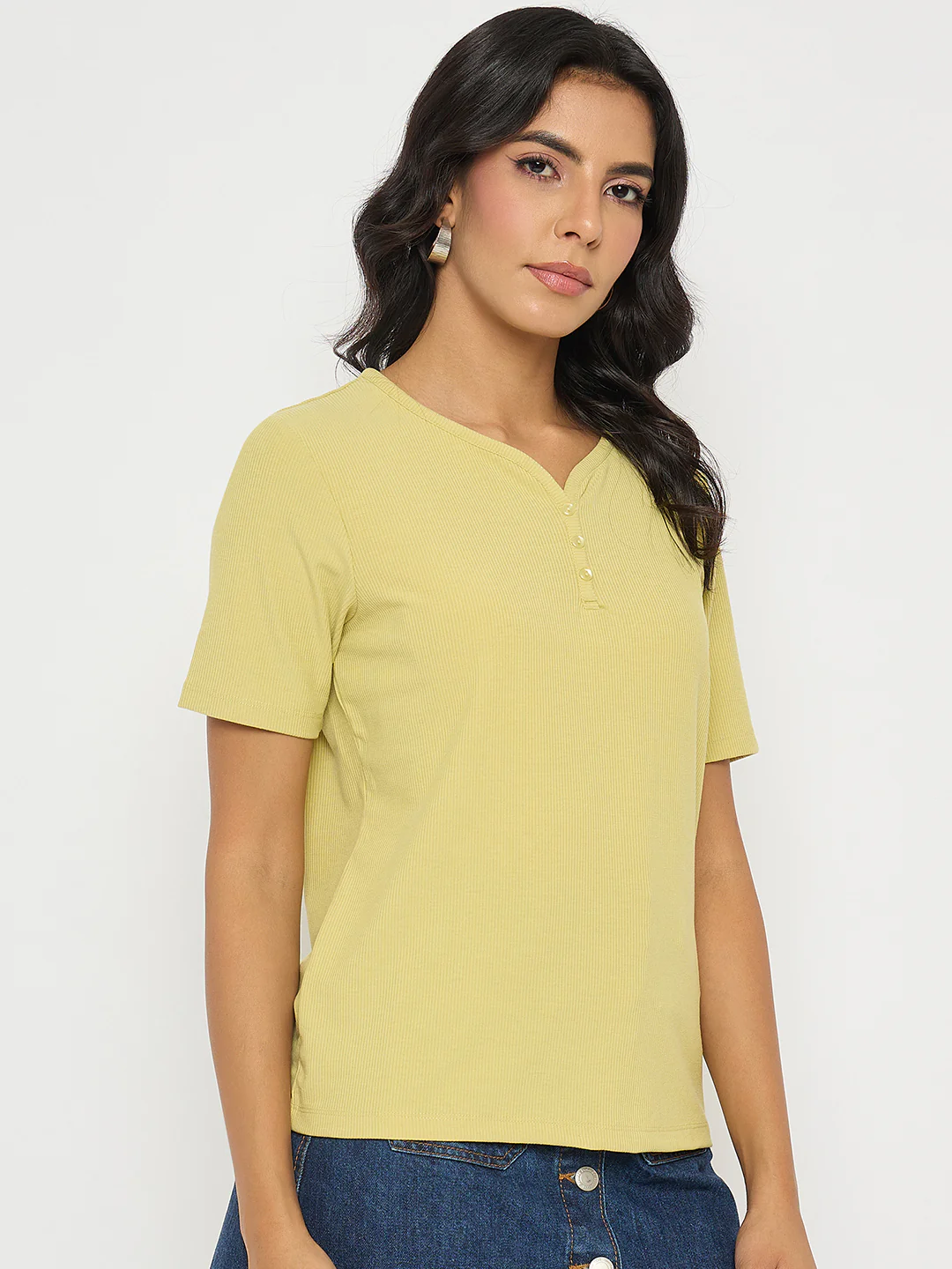 Madame Henley Neck Solid Mustard Yellow T-Shirt - Image 4