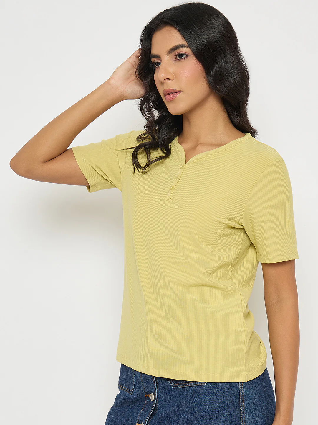 Madame Henley Neck Solid Mustard Yellow T-Shirt - Image 5
