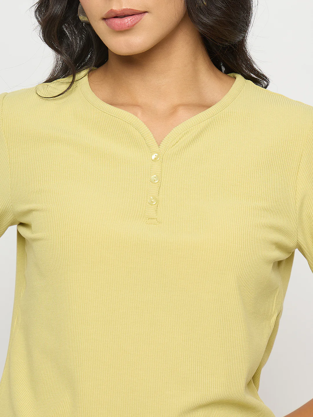 Madame Henley Neck Solid Mustard Yellow T-Shirt - Image 7