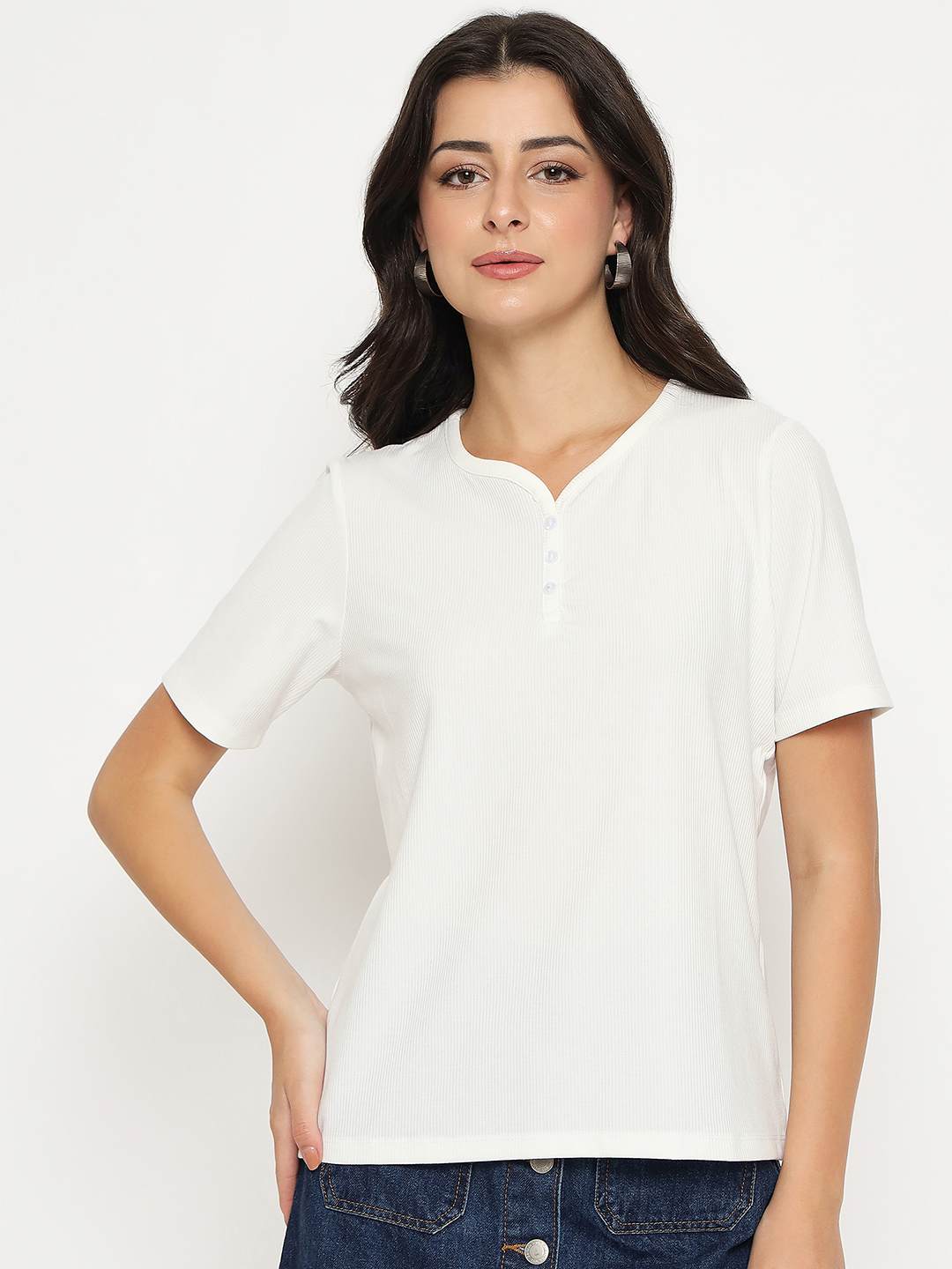 Madame Henley Neck Solid White T-Shirt - Image 3