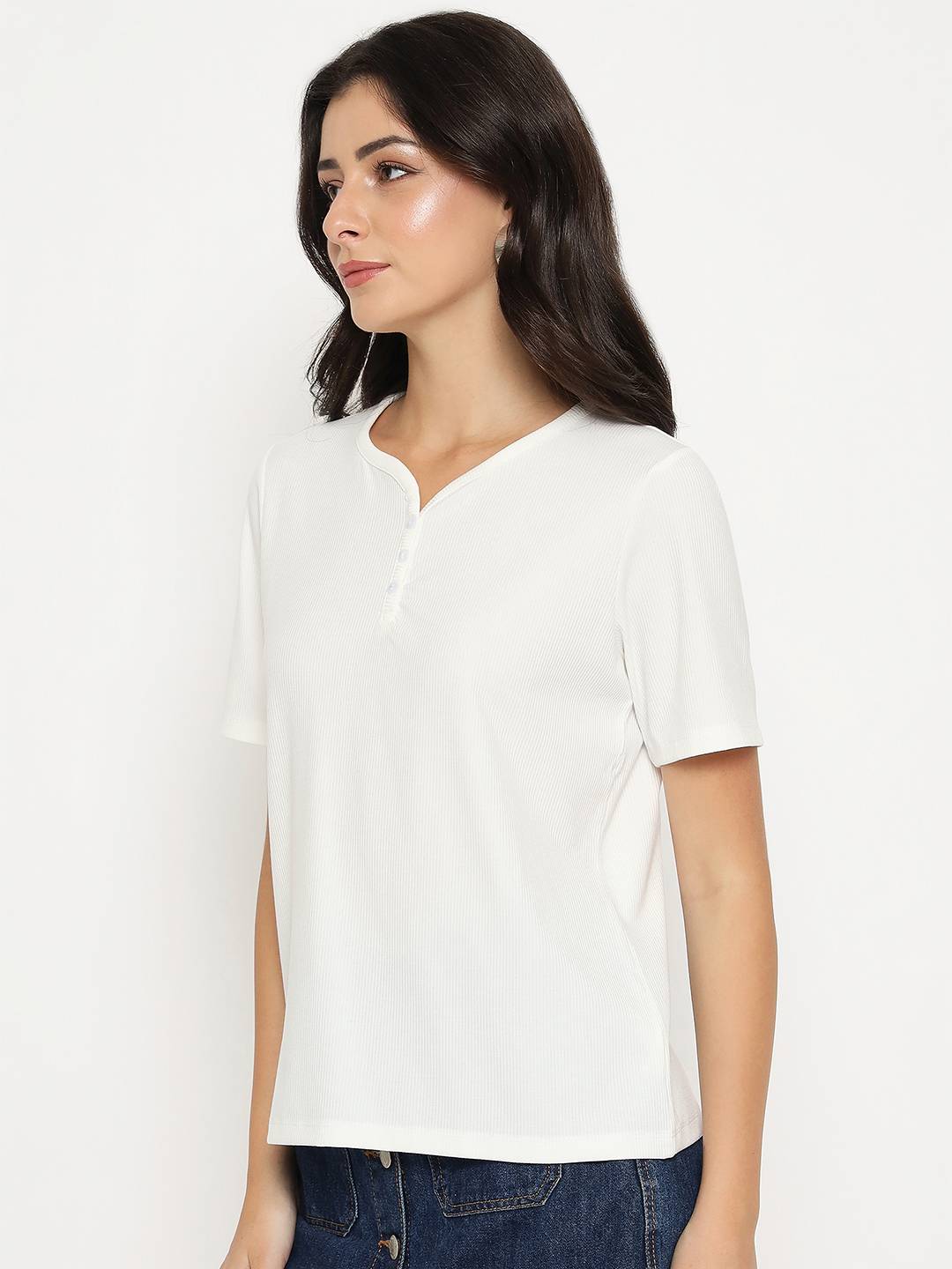 Madame Henley Neck Solid White T-Shirt - Image 5