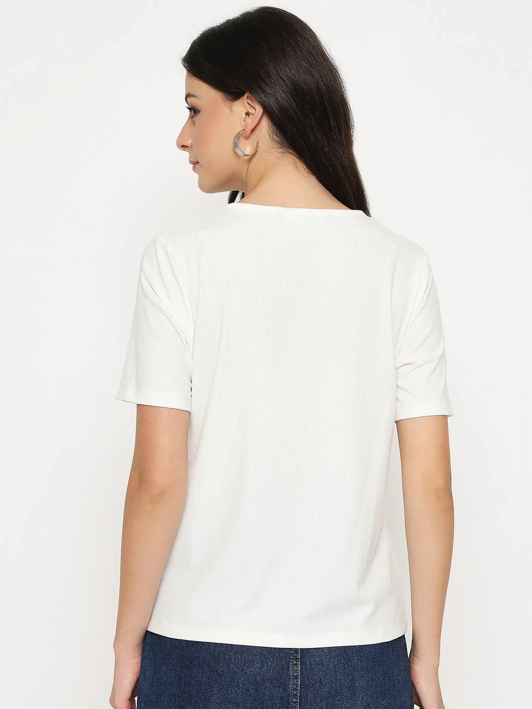 Madame Henley Neck Solid White T-Shirt - Image 6