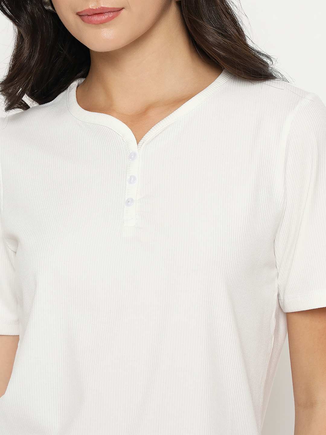 Madame Henley Neck Solid White T-Shirt - Image 7