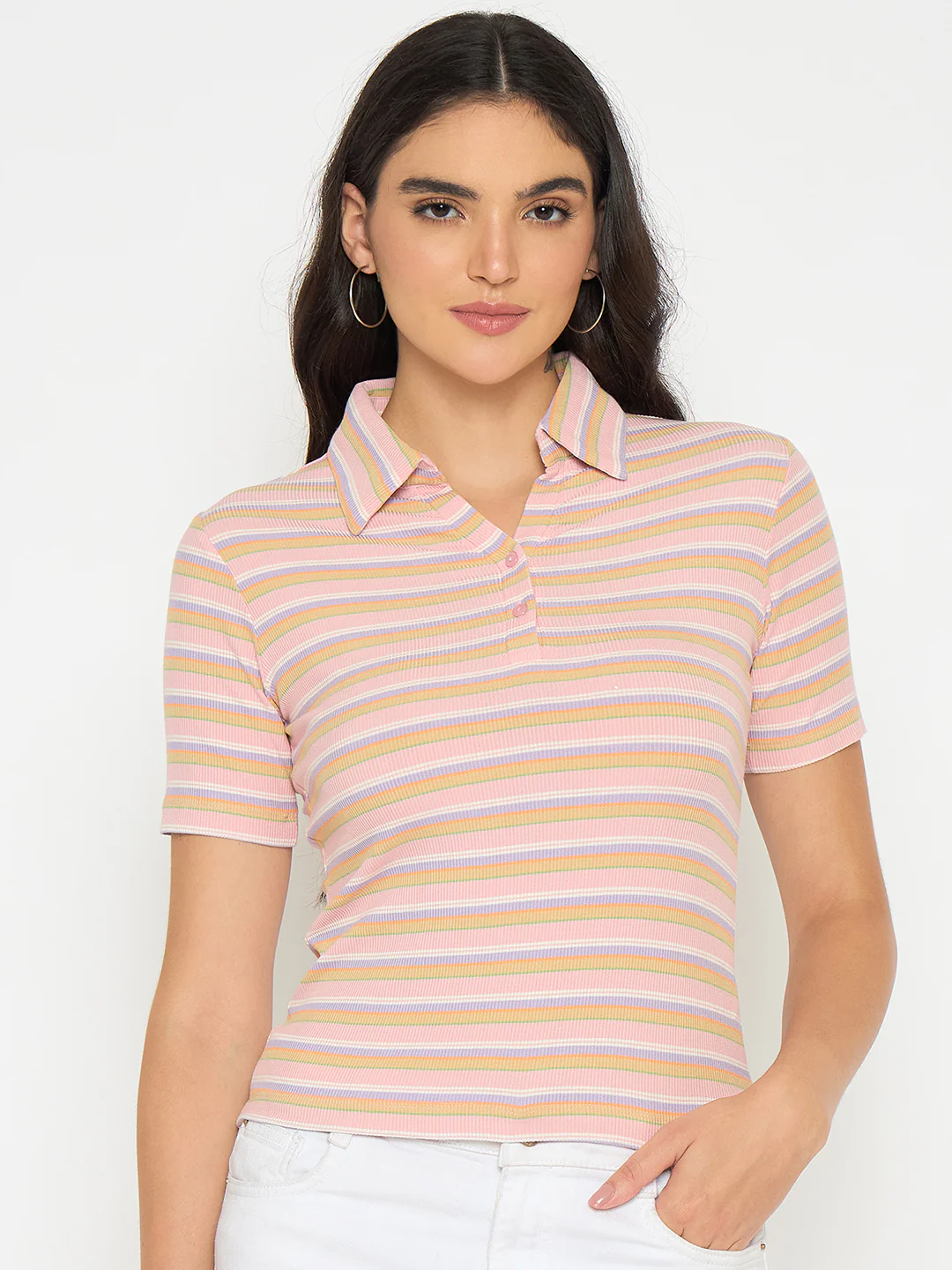 Madame Rayon Blend Striped Pink Polo T-shirt