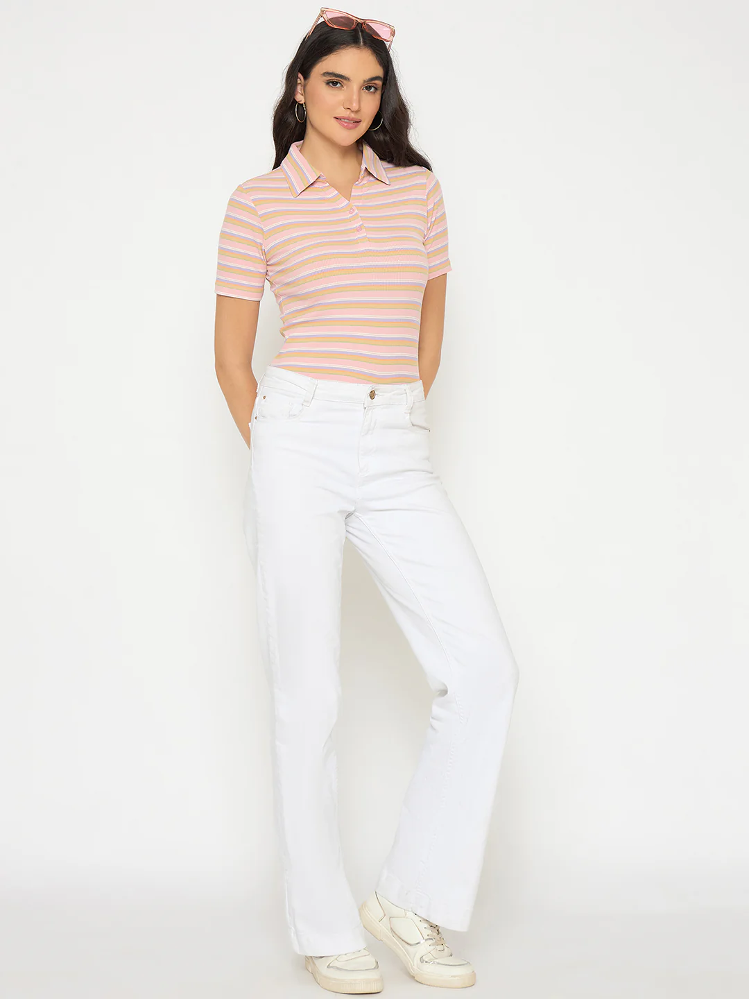 Madame Rayon Blend Striped Pink Polo T-shirt - Image 3