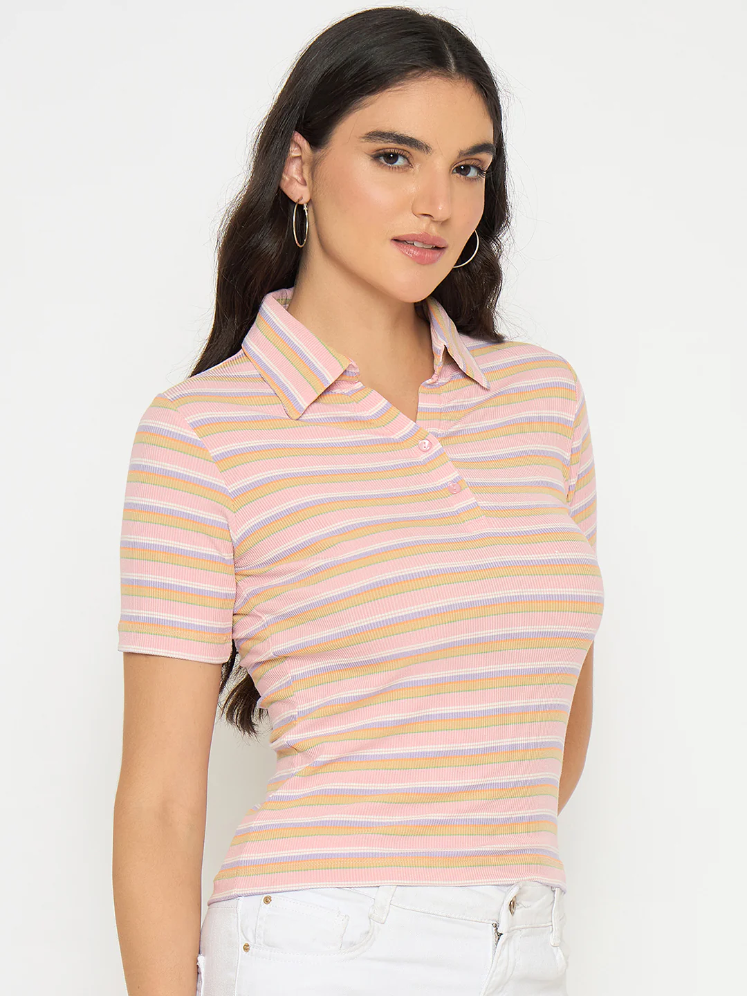 Madame Rayon Blend Striped Pink Polo T-shirt - Image 4