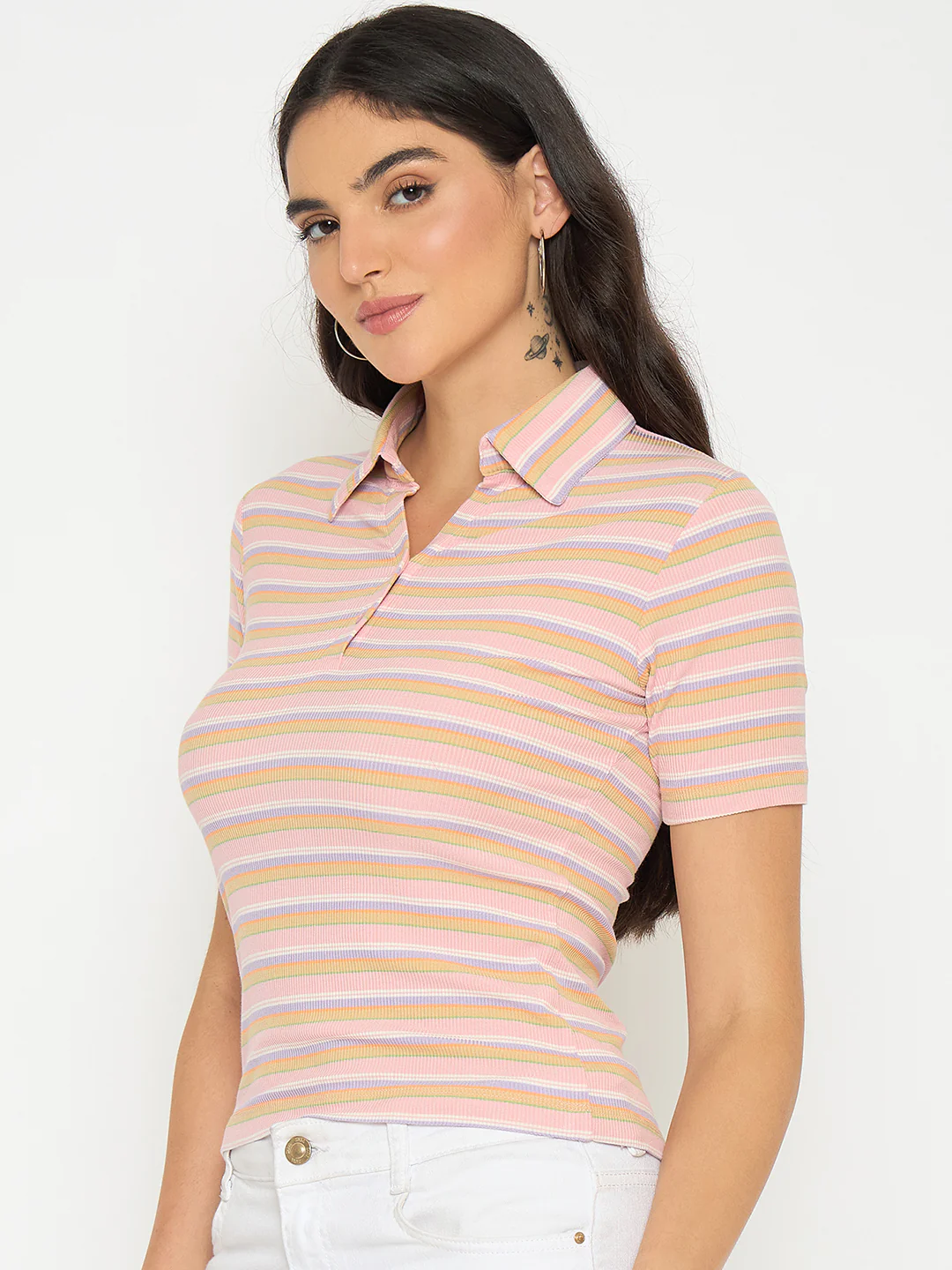 Madame Rayon Blend Striped Pink Polo T-shirt - Image 5