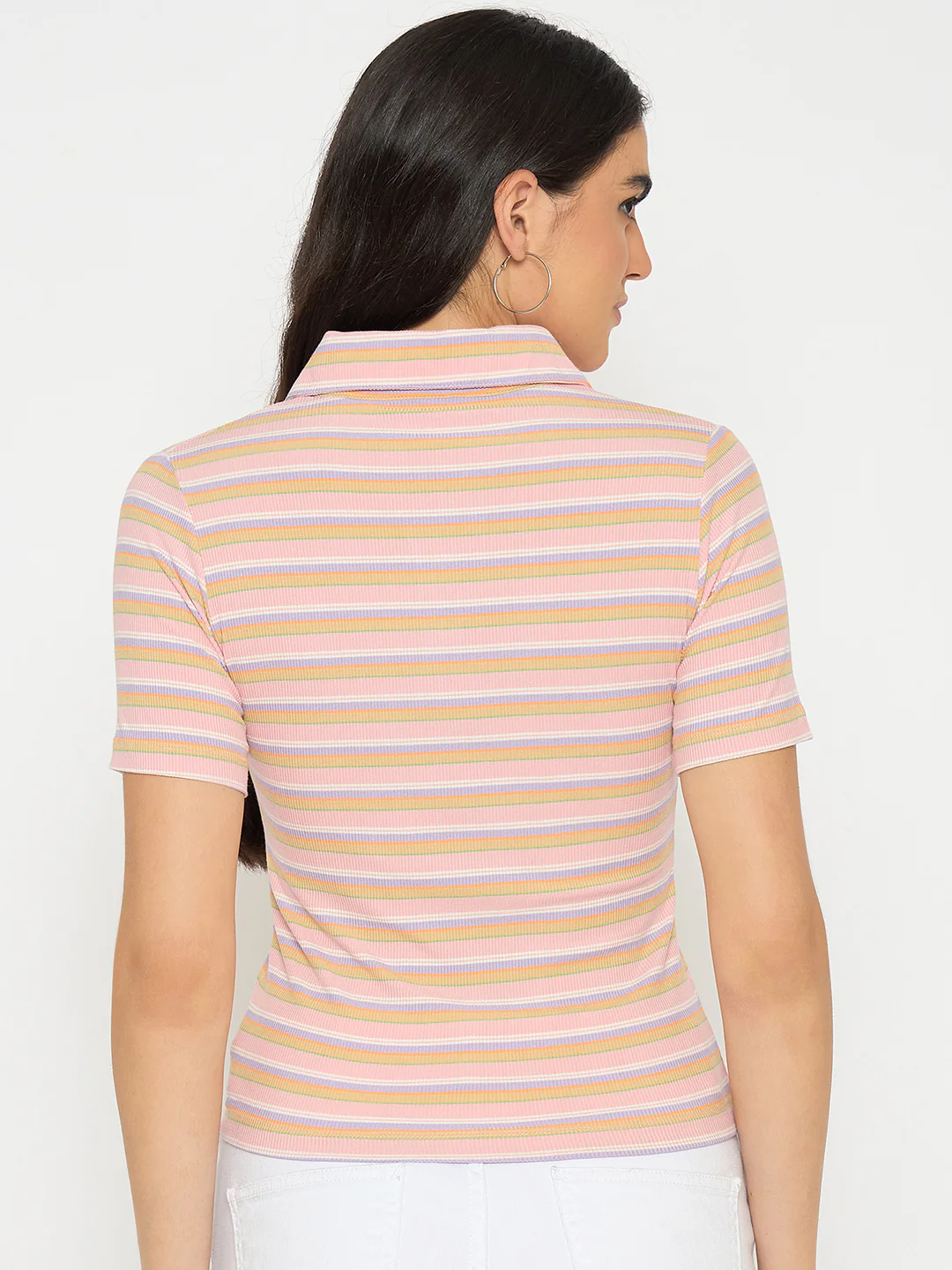 Madame Rayon Blend Striped Pink Polo T-shirt - Image 6
