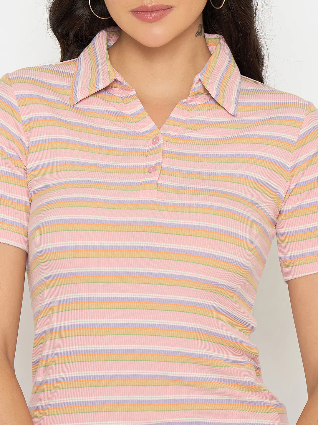 Madame Rayon Blend Striped Pink Polo T-shirt - Image 7